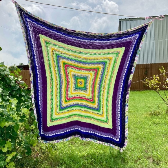 Small Handmade Crocheted Throw Blanket 54” x 52” Purple Green Yellow Pink - Picture 3 of 16